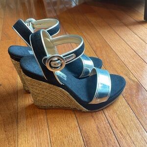 🍰 Maypol black linen and silver detail wedge ankle strap espadrille: